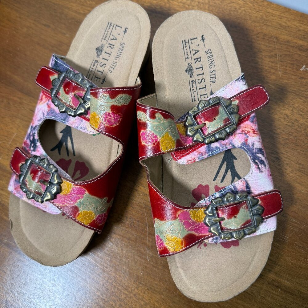 L'ARTISTE COLORFUL LEATHER WEDGE HEEL SANDALS (sz 39) NWOT